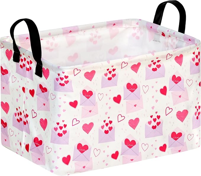 MAIZMZ Empty Gift Basket for Girls Heart Print Storage Cube for Women, Closet Shelf Waterproof Organizer Bins with Handles Nursery hamper Kids Toys Books Box Room Deco
