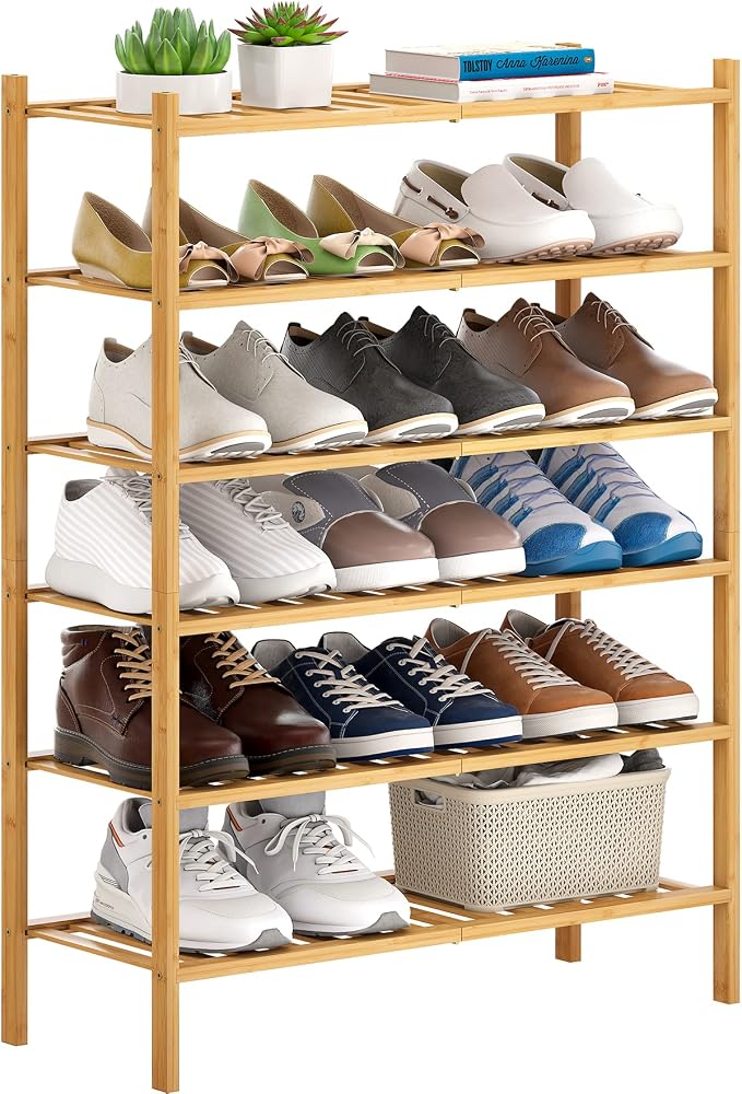 Bamboo Shoe Rack Stackable Shoe Shelf Storage Organizer for Unit Entryway Hallway and Closet Sturdy Freestanding Shelf(6 Tier Natural)