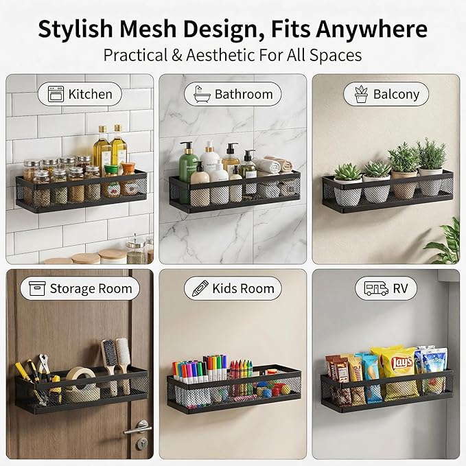PUSDON 5-in-1 16.5" Extra Long Slim Wall Mount Wrapped Mesh Kitchen Organizer & Shower Caddy Kit, with Paper Towel Holder, Utensil Holder, Soap Dish, Holds 50LBS - Matte Black, Netting