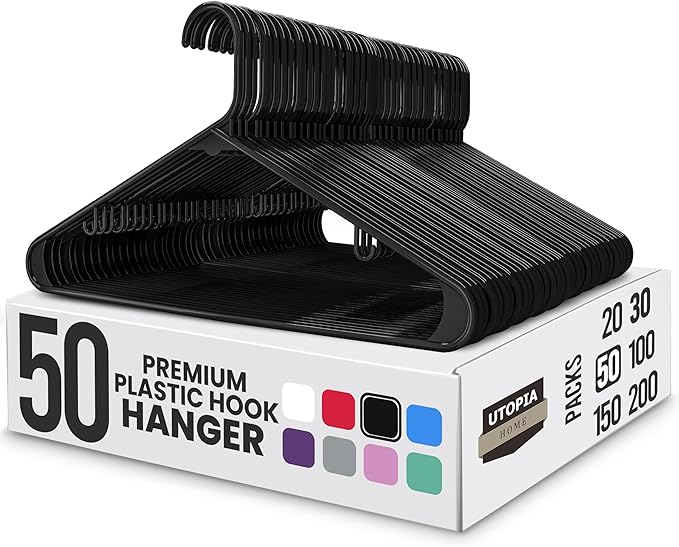 Utopia Home Plastic Hangers 50 Pack – Built-in Strap Hooks Black | Space saving | Durable & strong | Closet organizer | Clothes hangers | Ideal for shirts, pants, skirts & coats