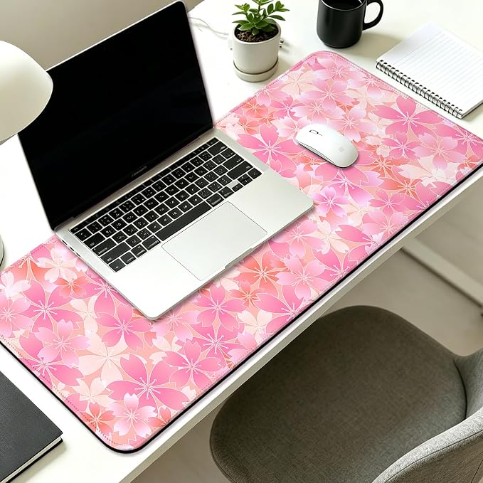 Japanese Cherry Blossom Gaming Desk Mat, Computer Keyboard Large Extended Flowers Mouse Pad for Office and Home, 31.5×11.8 Inches, XL, Pink