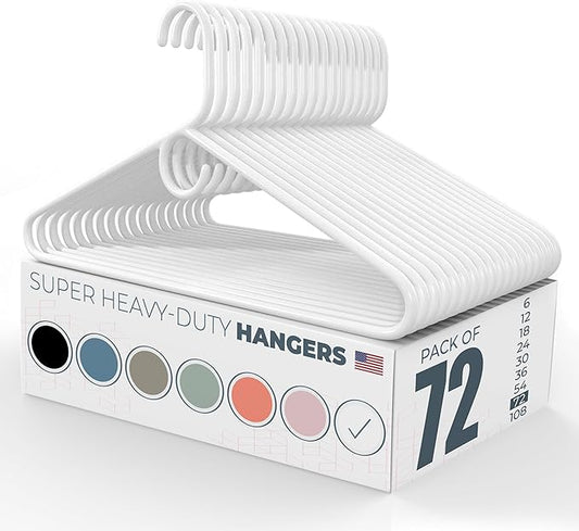 Super Heavy Duty Clothes Hangers 50+ Pack (72 Count) – Made in the USA - 10lb Capacity, Thick Plastic Hangers for Pants, Coats, Jackets, Jeans and Adult Clothing – White
