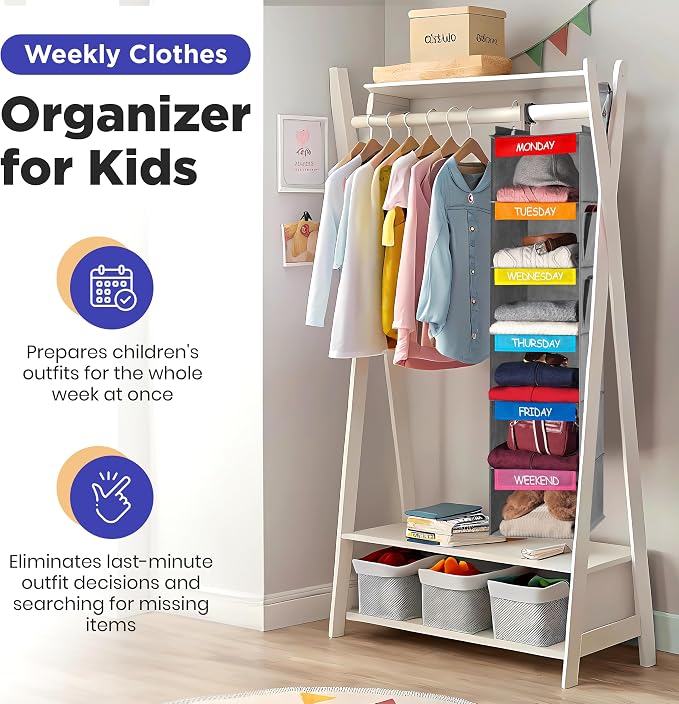 Handy Laundry Hanging Clothes Organizer for Kids - 6-Shelf Closet Daily Clothing Organization Labeled Shelves with Days of The Week Monday Through Friday, Weekday and Weekend (Grey-Colored)