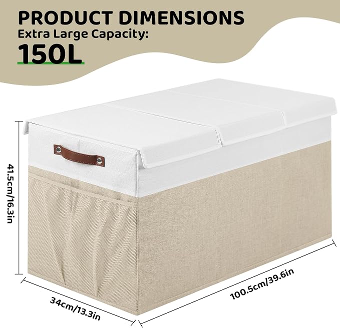 Extra Large Foldable Toy Chest with Lid,Collapsible Kids Toy Storage Box Organizer,Large Fabric Storage Bin for Nursery Playroom Bedroom Living Room,40”x18”x14”,White & Beige
