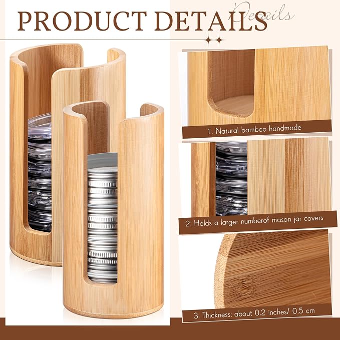 Suclain 2 Pcs Mason Jar Lid Organizer (Wide Mouth & Regular Mouth) Bamboo Vertical Mason Jar Lid Storage Accessories Tumbler Lids Holder Cup Lids Organizer for Home Kitchen Countertop Cupboard