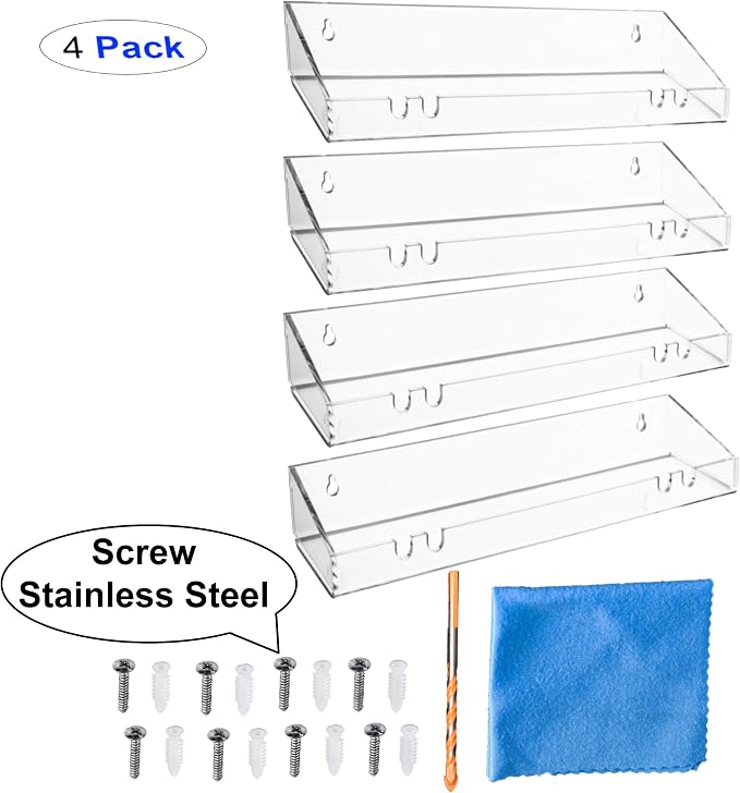 AMT 4 Pack Acrylic Floating Shelves, 15"L x 4.8"W, Clear Bathroom Wall Shelves, Bookshelves, Invisible Shelf For Office, Bedroom, Kitchen, Design with Hanging Slots for Sponge, Free Screws & Drill Bit