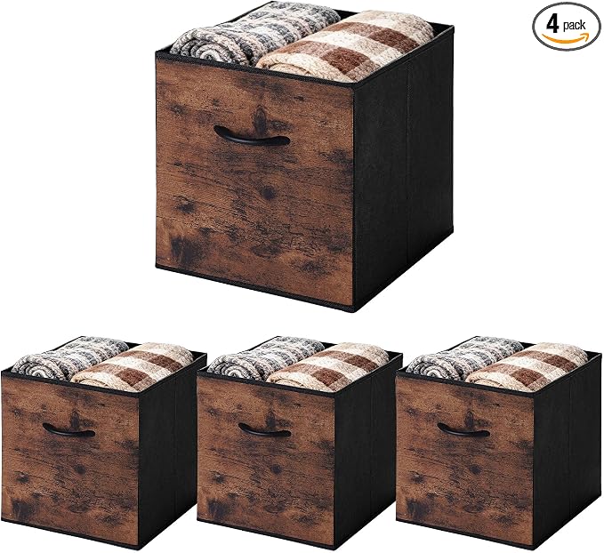 WUIKE 13-Inch Rust Brown Cube Storage Bins, Wood Print Front, 4-Pack | Cubby Organizer Baskets with Handles for Shelves, Closets, Clothes, and Toys