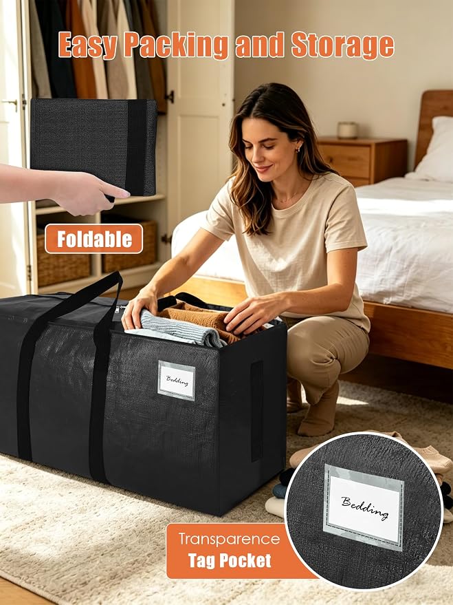 SWEET DOLPHIN 12 Pack 200LB Heavy-Duty Moving Bags with Wrap-Around Handles, Extra Large Storage Totes for Space Saving, Clothes Storage Bags, College Dorm Essentials, Black, 24 Gal