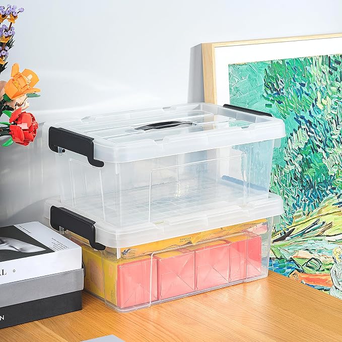 Cetomo Lidded Storage Bin with Handle, Tote Organizing Container with Durable Lid and Secure Latching Buckles, Stackable and Nestable, Plastic, 16 Quart-6 Pack, Clear
