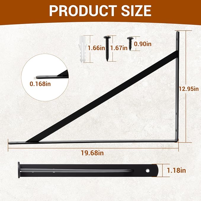 HOME MASTER HARDWARE 20inch x 13 inch Black Heavy Duty Shelf Brackets 4-Pack, Metal L Brackets with Screws - 90 Degree Angle Brackets for Shelves, Floating Shelf & Wall Mounted Shelf Support