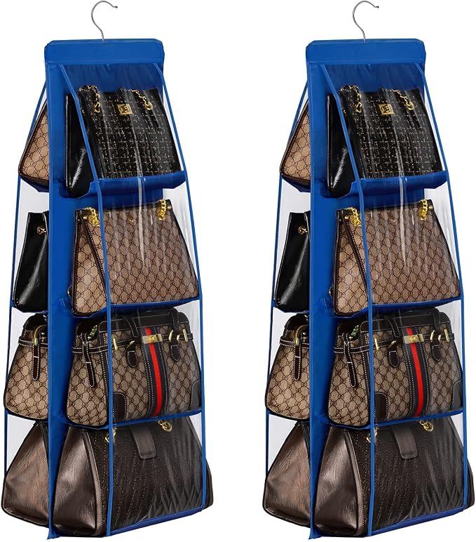 Lirex 2-Pack Handbag Hanging Purse Organizer for Closet, 8 Pocket Handbag Storage Organizer Hanger Oxford Cloth Closet Organizer for Family Closet Bedroom, Foldable and Universal Fit, Blue
