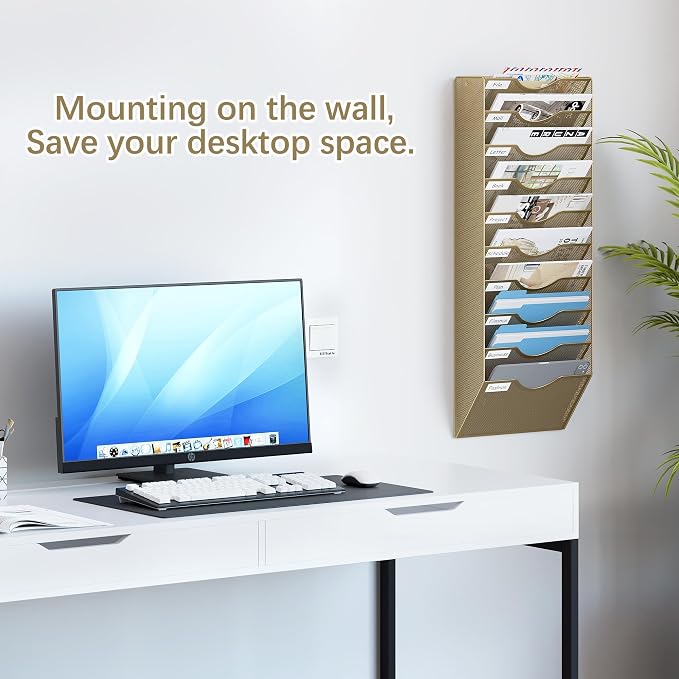 EasyPAG 10 Pocket Mesh Wall File Organizer, Hanging Paper Folder Holder with Classify Label, Vertical Wall Mount Mail Organizer for Office Home Classroom, Gold