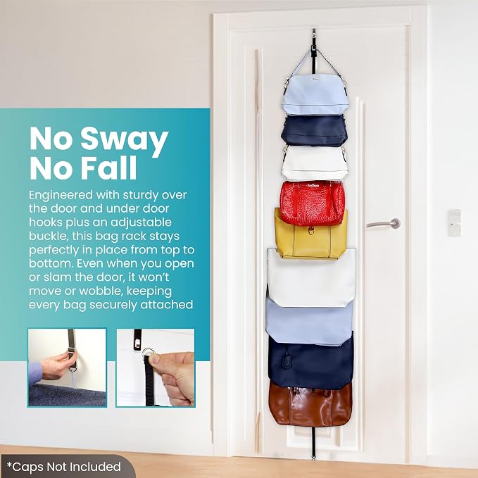 Perfect Curve Handbag and Purse Organizer | Hold up to 9 Bags | Over the Door Organizer | Adjustable Clips | 1 Strap | Black