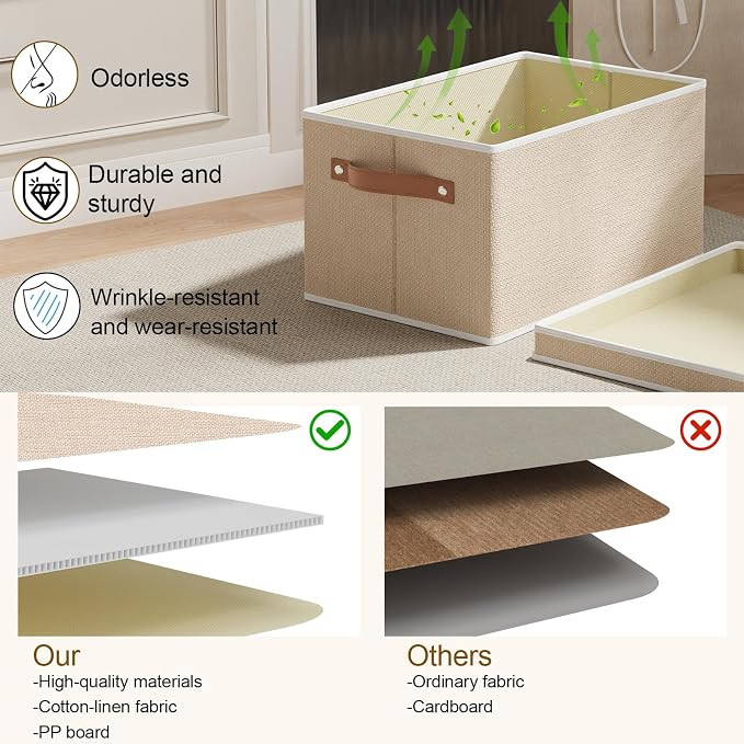 Storage Boxes with Lids, 10.2×7.8×6.7 Inch Storage Baskets, Closet Organizers for Shelves Organizing with Handles, Beige, 5-Pack