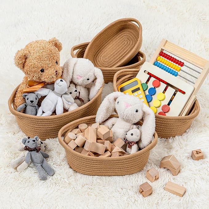 CubesLand Small Storage Basket Cotton Rope Organizer Baskets for Shelves | Set of 5 Decorative Closet Storage Bins with Handle for Countertop, Toilet Paper Basket for Toilet Tank Top, Brown Basket