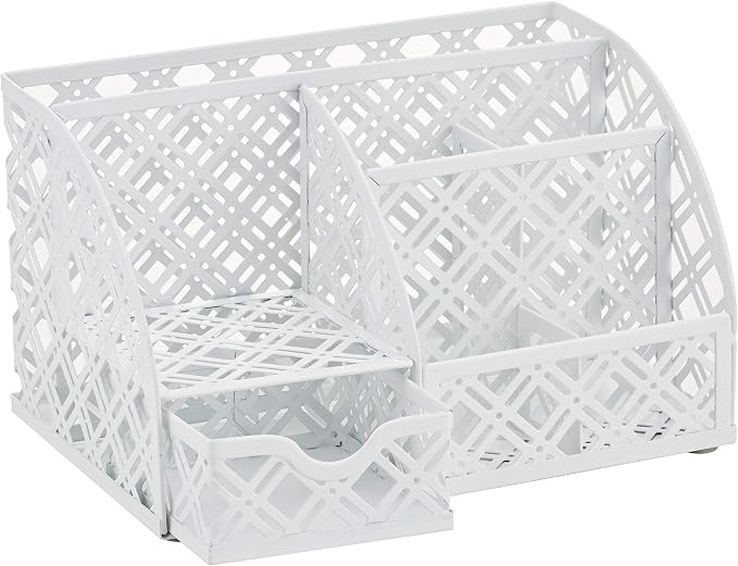 Exerz Desk Organizer White Office Desk Accessories Supplies Office Storage Desktop Pencil Pen Holder with Drawer Home Workspace