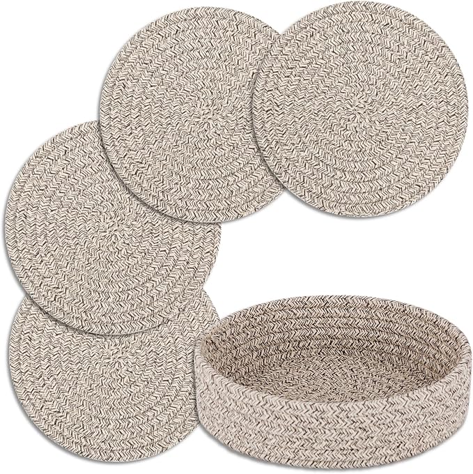 Trivets for Hot Dishes, Pots and Pans, Heat Resistant Hot Pads with Storage Basket, Pot Holders for Kitchen Countertop, Trivet Mats Home Essentials Farmhouse Decor (Brown 4 Pcs)