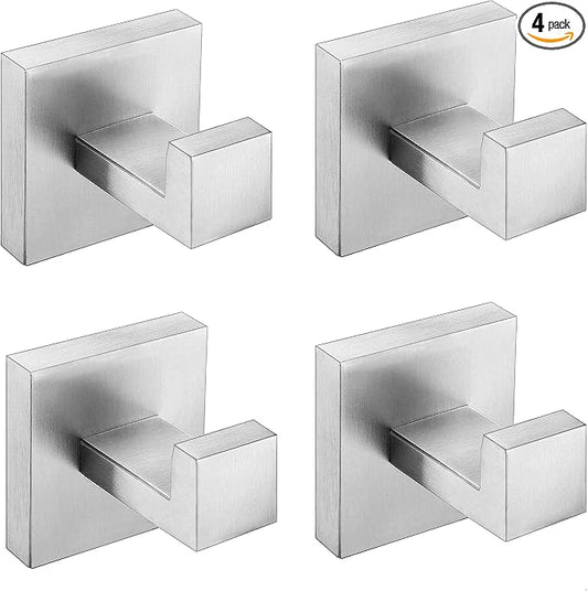 Nolimas Towel Hook Stainless Steel Bathroom Rustproof Clothes Towel Coat Hook Wall Mounted Square Toilet Kitchen, Heavy Duty Door Hanger, 4 Pack, Brushed Nickel