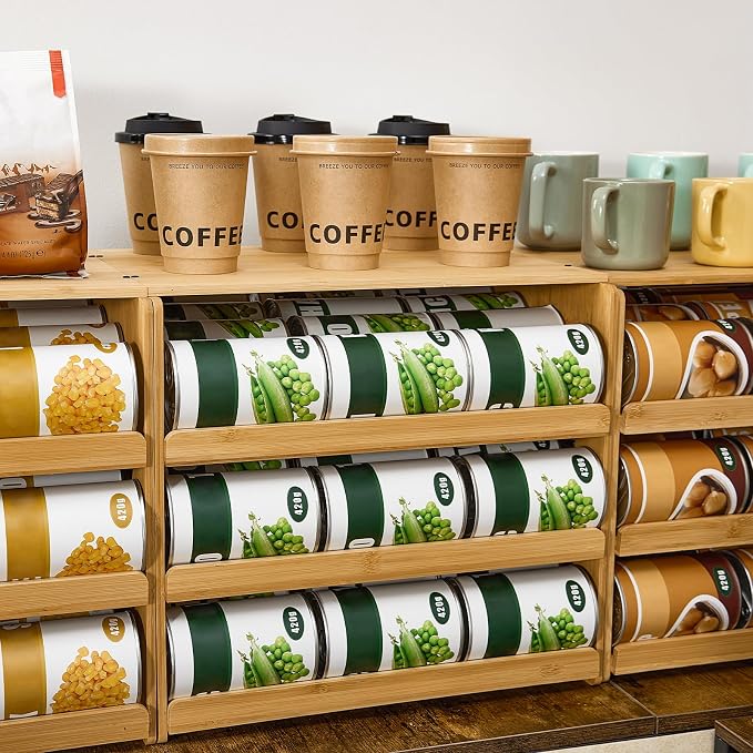 Aminigram Bamboo Rolling Can Organizer for Pantry, 4 Tier Pantry Can Organizers and Storage, Soup Can Organizer for Counter top Kitchen Cabinet