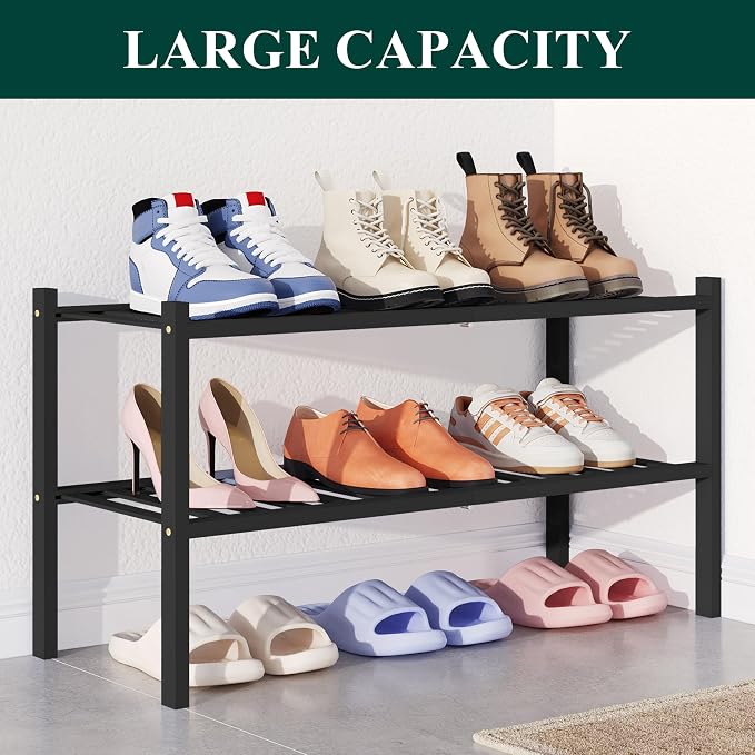 Smiry Bamboo Shoe Rack for Closet, 2 Tier Wooden Shoe Organizer, Stackable Wood Shoe Storage Shelf for Entryway, 14 Vertical Slats, One-piece Heavy-Duty Legs, 26.77"x11.02"x12.99", Black