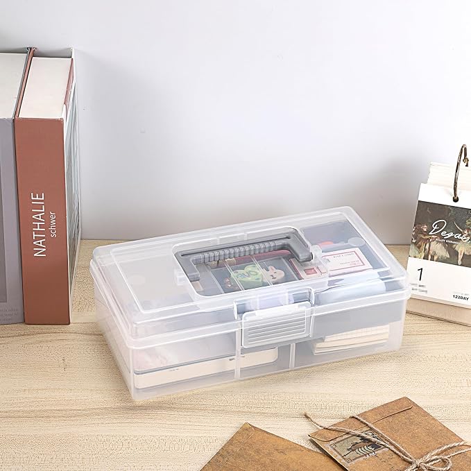 JUXYES Clear Art Craft Supply Storage Bin Sewing Box With Handle Lid | Clear Stackable Latching Craft Storage Bin for School Office, Organizing Stationery, Sewing, Art Craft, DIY Supplies