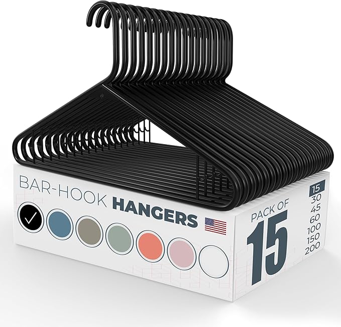 Plastic Hangers 15 Pack – Made in The USA – 6lb Capacity Standard Clothes Hangers with Strap Hooks for Dresses, Lingerie, Shirts, Pants, and Jackets – Black