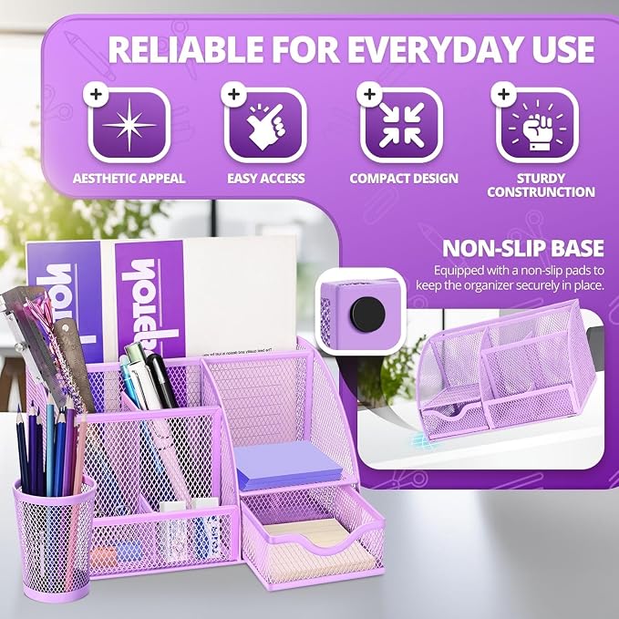 Flexzion Desk Caddy Organizer Set (Purple) - Metal Mesh Desktop Caddy with Drawers, 6 Compartments, and Pencil Holder for Women & Men - Desktop Organizer and Storage for Work or Office Supplies | Compact desktop caddy with separate pen holder; 8.7 x 5....