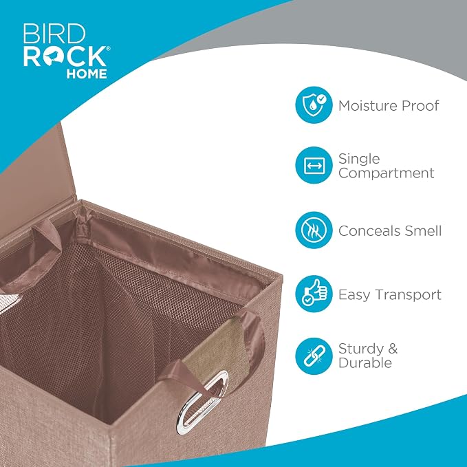 BIRDROCK HOME Single Laundry Hamper with Lid and Removable Liner | Linen | Easily Transport Laundry | Foldable Hamper | Cut Out Handles