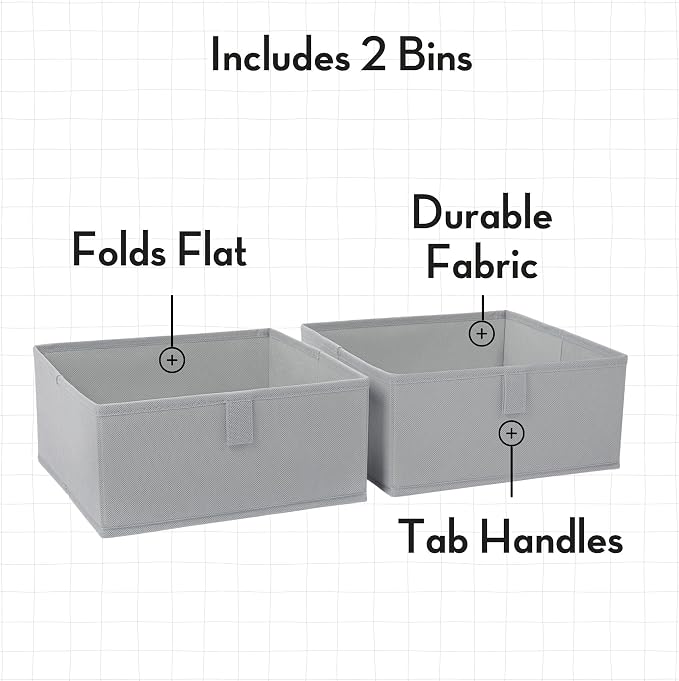 RiverRidge Kids 2pc Folding Storage Bins Set - 10.5” Bin Organizers with Handles - Gray Closet Organizers & Storage for Toys, Games, Shoes - Foldable Cube Storage Organizer Bins for Playroom, Nursery