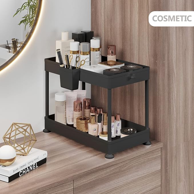 Under Sink Organizers and Storage | Bathroom Cabinet Organizer, Sink Shelf with Utility Hooks and Side Caddy for Under Cabinet Storage | Black (1-Pack) Non Slip Grip Under Kitchen Sink Organizer