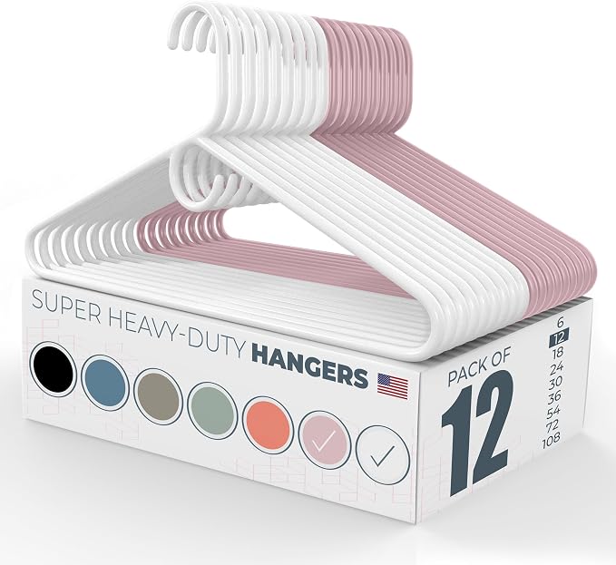 Super Heavy Duty Clothes Hangers 12 Pack – Made in the USA - 10lb Capacity, Thick Plastic Hangers for Pants, Coats, Jackets, Jeans and Adult Clothing – White & Pink