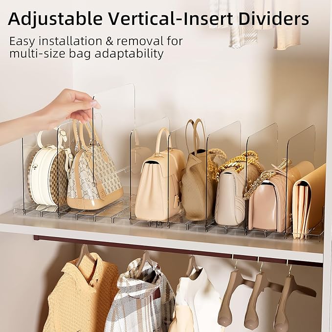 Stackable Bag & Purse Organizer for Closet Shelf Acrylic Shelf Dividers for Closet Organization, Clear Handbag Purse Storage Organizer Divider, Keep Clutch, Wallet, Pocketbook Upright, 4 Pack