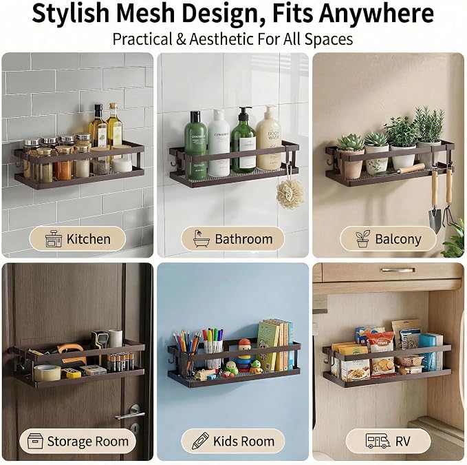 PUSDON 2-Pack Minimalist Shower Caddy Wall Mount, Open Frame Bathroom Shelf Organizer with Mesh Base, Rustproof Floating Spice Rack for Kitchen, Holds 50 LBS, 4 Hooks - Vintage Bronze, Guardrail