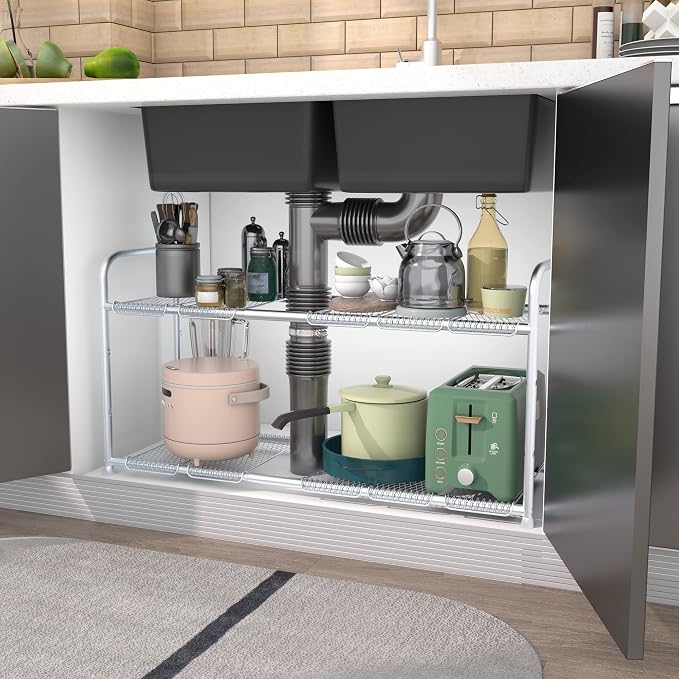 STO STO Under Sink Organizer and Storage, 2-Tier Expandable Kitchen Bathroom Organizer Under Sink with 10 Removable Steel Panels - Extend From 18.5 to 30 Inches, Silver