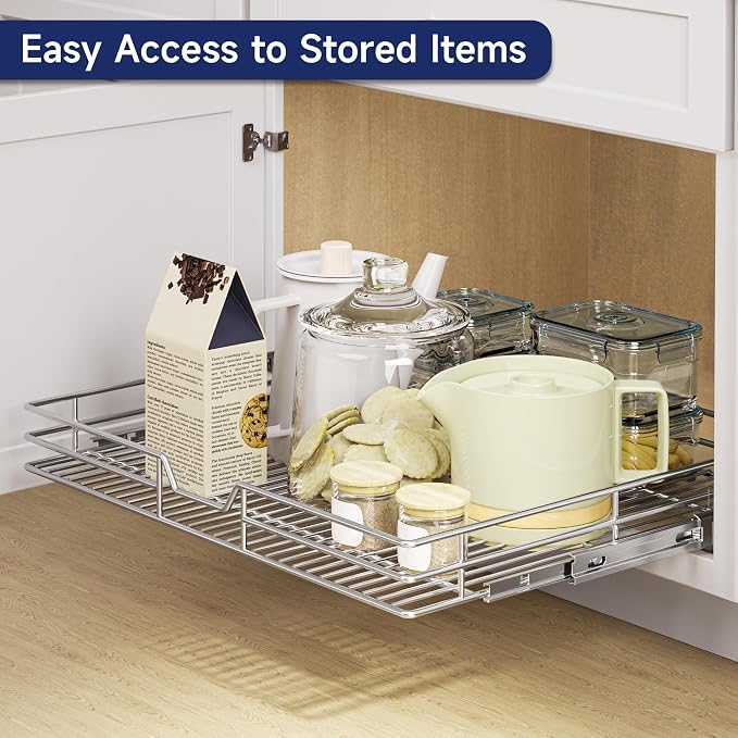 Pull Out Cabinet Organizer, 27" W x 21.5" D, Heavy Duty Chrome Slide Out Shelf for Wide Base Cabinets, Sliding Wire Basket Drawer for Pots, Pans, Appliances & Pantry Storage