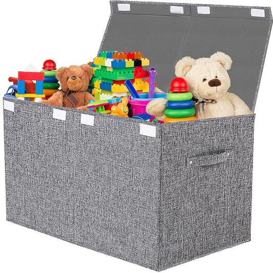 Collapsible Toy Storage Bin with Lid, 82L Large Capacity - Gray Neutral Space-Saving Organizer for Playroom, Bedroom & Nursery, Foldable Design