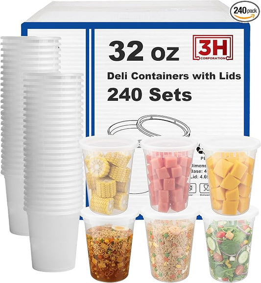 32 oz Food Storage Containers with Lids (240 Set/480 Piece) Deli Soup Containers, Freezer Microwave Safe, BPA-Free Plastic, Stackable Snack Leakproof Leftover Organizers & To-Go