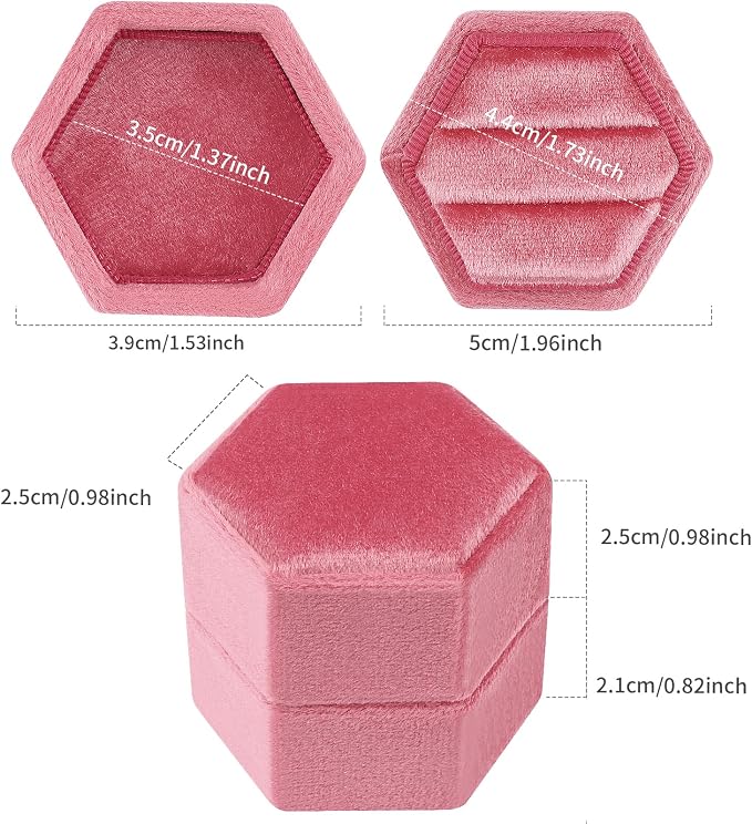 DesignSter Hexagon Velvet Ring Box - Premium Gorgeous Vintage Double Ring Display Holder with Detachable Lid for Proposal, Engagement, Wedding, Ceremony(Hot pink)