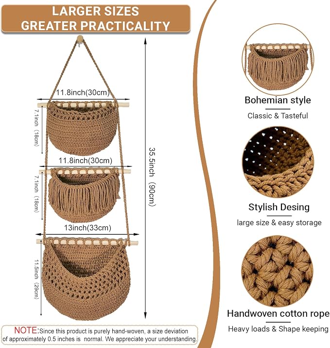 Halidali 3 Tier Hanging Fruit Baskets for Kitchen, Boho Cotton Rope Handwoven Vegetable Hammock Produce Storage Wall Mounted Large Organizing Basket for Farmhouse Decor, Onion, Potato (Caramel)
