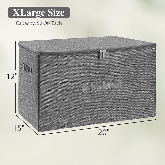 ANMINY 3PCS Storage Bins with Zipper Lids 51.9 Qt Lidded Fabric Storage Boxes Baskets Cubes with Handles Collapsible Washable Cotton Linen Closet Shelf Clothes Organizer - Gray, Extra Large