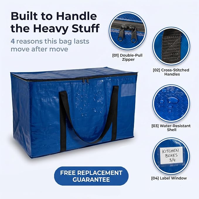 ClearSpace Heavy Duty Moving Bags or Storage Bag – Large Moving Boxes with Backpack Straps, Zippers & Handles – Perfect for Moving, College Dorm, Traveling, Camping, Christmas Decorations, 8 Pack