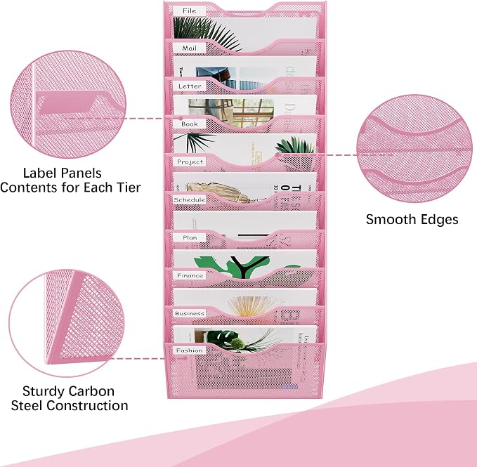 EasyPAG 10 Pocket Mesh Wall File Organizer, Hanging Paper Folder Holder with Classify Label, Vertical Wall Mount Mail Organizer for Office Home Classroom, Pink