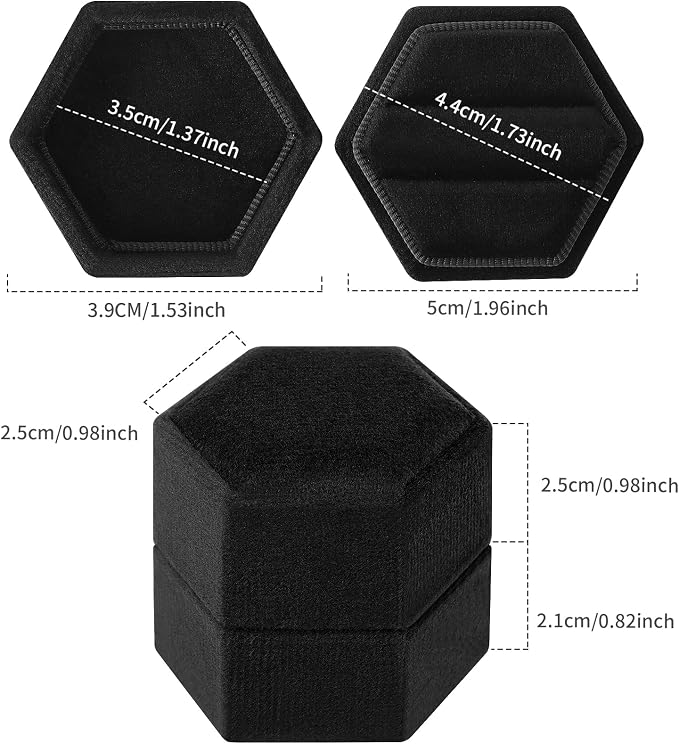 DesignSter Hexagon Velvet Ring Box - Premium Gorgeous Vintage Double Ring Display Holder with Detachable Lid for Proposal, Engagement, Wedding, Ceremony (Black)