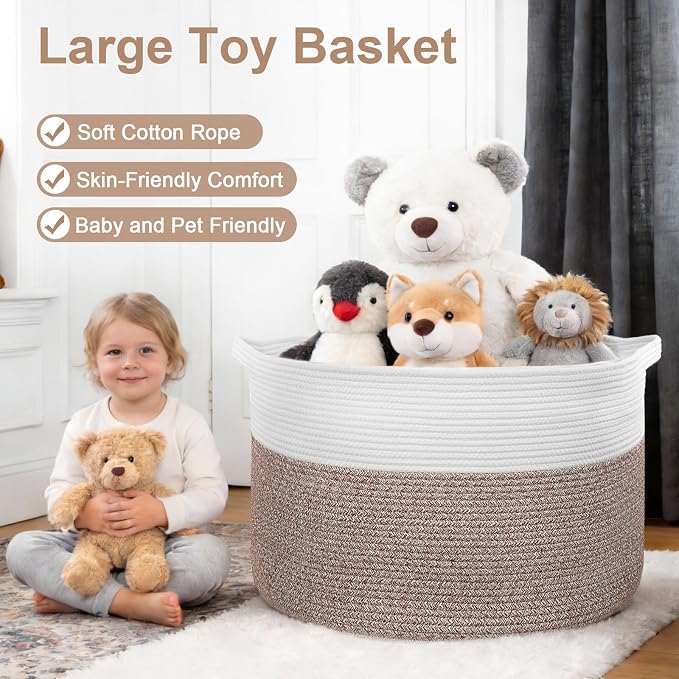 XXXL Large Laundry Basket, 105L Soft Cotton Rope Basket, Blanket Storage and Organizers, Baby Nursery Laundry Hamper, Extra Large Toys Storage Bins for Kids 23.6'' x 14.6'', White & Brown