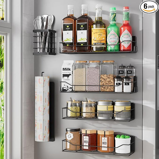 Magnetic Spice Rack for Refrigerator, 6 Pack Strong Magnet Spice Organizer with Paper Towel Holder, Utensil Holder, Moveable Magnetic Fridge Shelf for Kitchen Organization and Storage (Black)