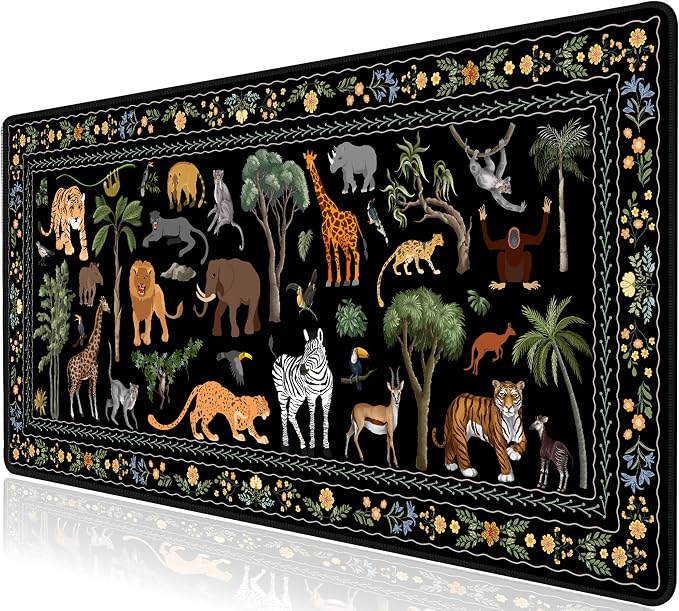 L-SPOUTTO Jungle Animal Desk Mat for Keyboard and Mouse, Black Mouse Pad | XXL Large Non-Slip Keyboard Pad Waterproof Desktop Mat for Laptop Computer Work Game Home Office