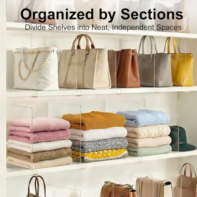 Purse Organizer for Closet Shelf Dividers: 11-inch Tall (Higher Version) Adjustable Clear Acrylic Bag Storage Organizer for Handbags, Sweaters, Towels, Jeans and Shoes on Wood Shelves 4-Pack