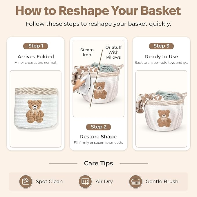 Teddy Bear Storage Basket for Nursery – Large 15"x11" Cotton Rope Bin with Soft Embroidered Bear Patch – Gender Neutral Toy Organizer, Baby Laundry Hamper, Blanket & Diaper Holder