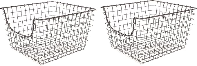 Spectrum Wire Scoop Basket Storage Bin Industrial Gray Nesting Metal Baskets Pack of 2 for Kitchen Pantry Closet Bathroom Garage Organization, Heavy Duty Wire Basket Organizer for Storage Decor