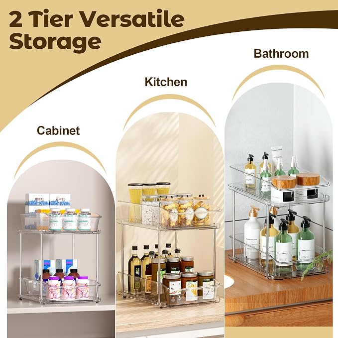 incostar 2 Tier Pull-Out Organizer for Bathroom Kitchen, Under Sink Storage with Dividers, Ideal for Cabinet, Cupboard Organization, Slide-Out Clear Storage, 1 Pack